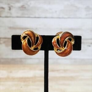 Vintage Clip On Earrings Burnt Orange & Gold Tone Statement Earrings